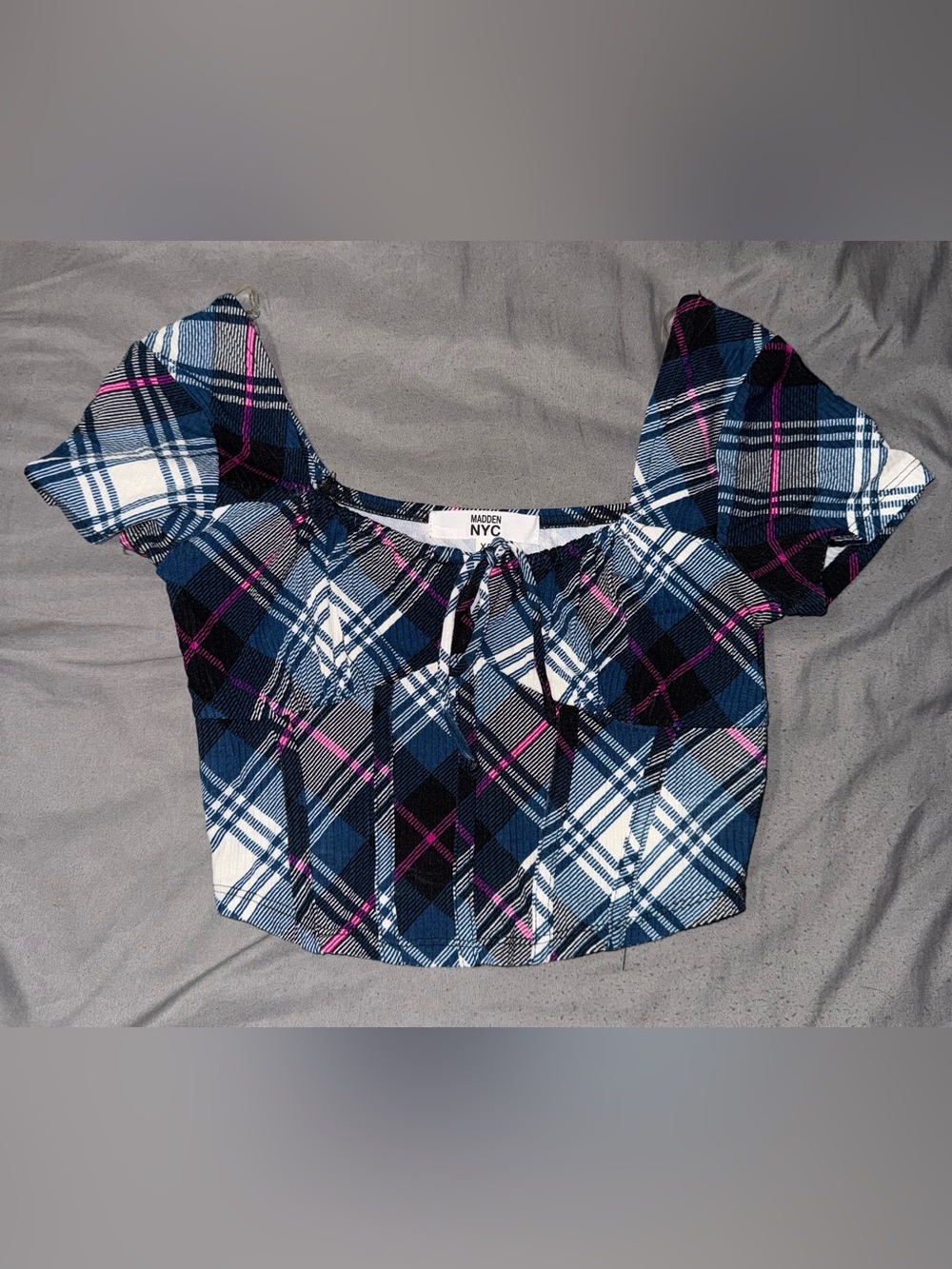 Madden NYC Womens Blouse; Plaid; Blue/White/Black/Pink; XS; Puff Sleeve